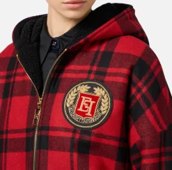 Capispalla|Elisabetta Franchi Giubbotto in lana tartan imbottito con cappuccio e patch ricamato RedPassion/Nero