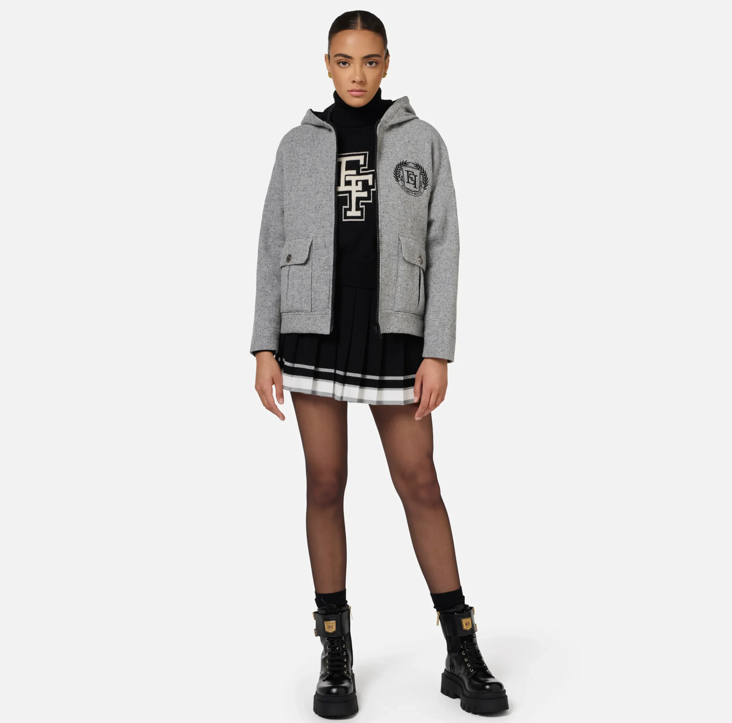 Capispalla|Elisabetta Franchi Giubbotto in panno di lana con cappuccio Grigiomelange