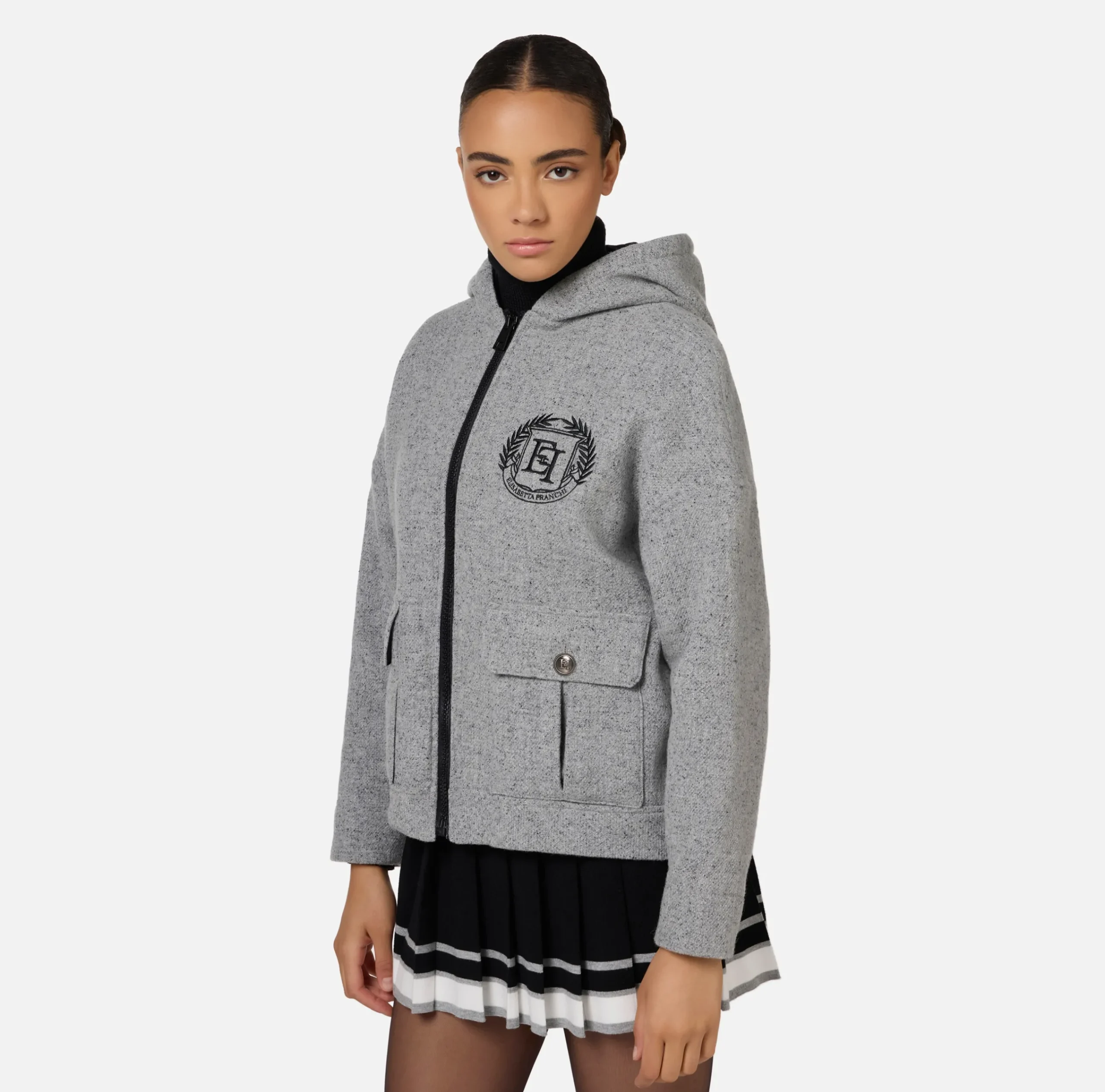 Capispalla|Elisabetta Franchi Giubbotto in panno di lana con cappuccio Grigiomelange