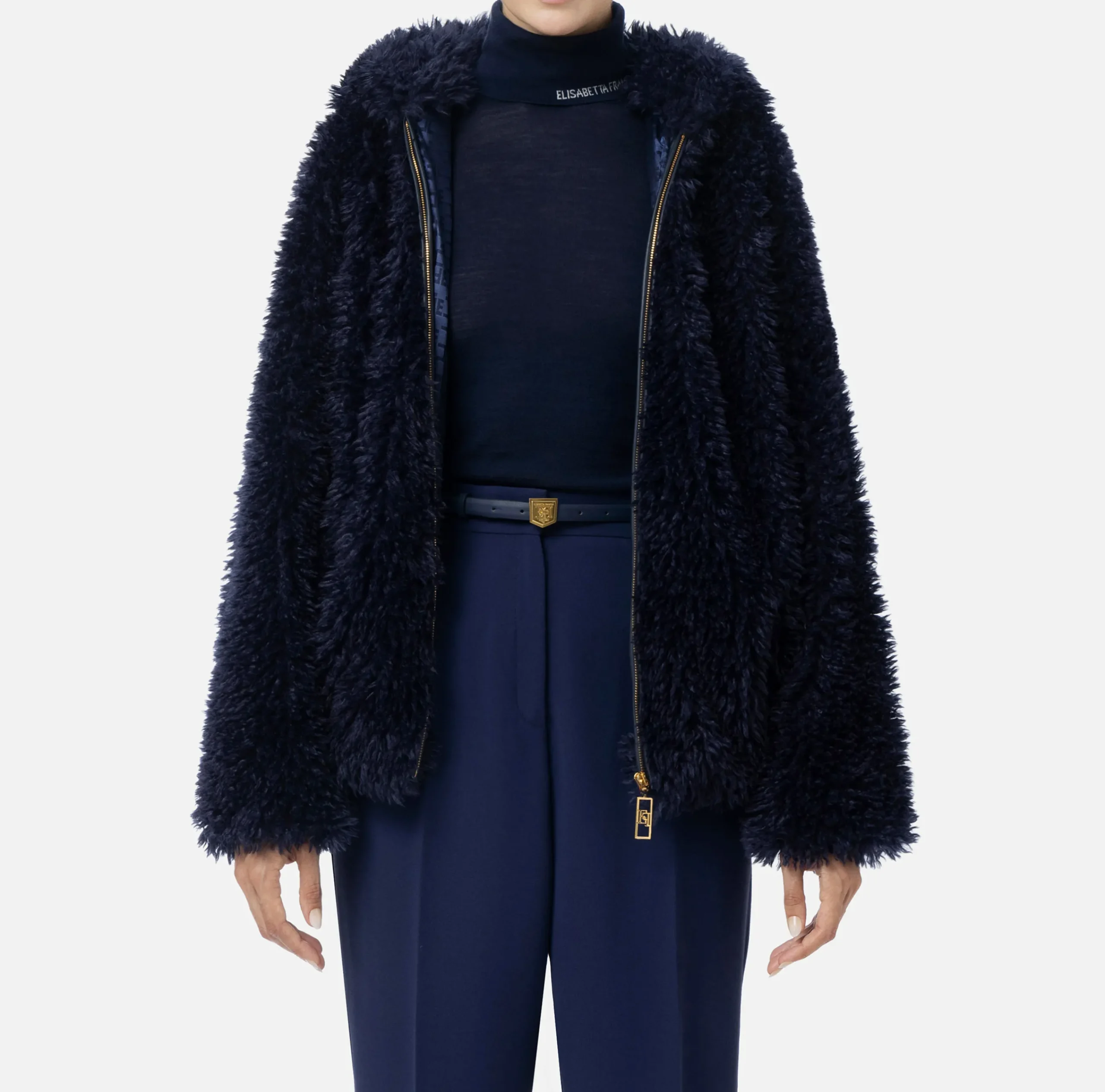 Capispalla|Elisabetta Franchi Giubbotto in tessuto effetto morbido con cappuccio Navy