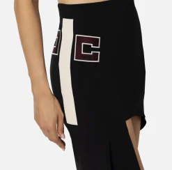 Gonne|Elisabetta Franchi Gonna asimmetrica in crêpe stretch con bande e ricamo logo Nero/Burro