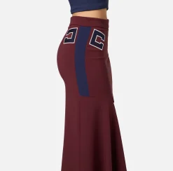 Gonne|Elisabetta Franchi Gonna asimmetrica in crêpe stretch con bande e ricamo logo Oro