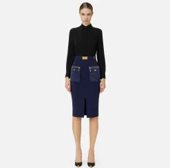 Tailleur|Gonne|Elisabetta Franchi Gonna midi in crêpe con tasche e cintura Navy