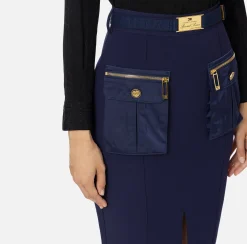 Tailleur|Gonne|Elisabetta Franchi Gonna midi in crêpe con tasche e cintura Navy