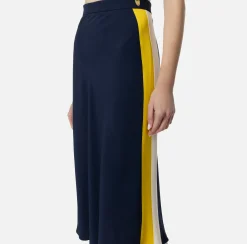 Gonne|Elisabetta Franchi Gonna midi in crêpe satin con bande Navy/Mimosa/Burro