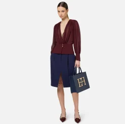 Gonne|Elisabetta Franchi Gonna midi in crêpe stretch con pinces Navy