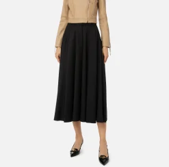 Gonne|Elisabetta Franchi Gonna midi in fresco lana con ricamo stemma Nero