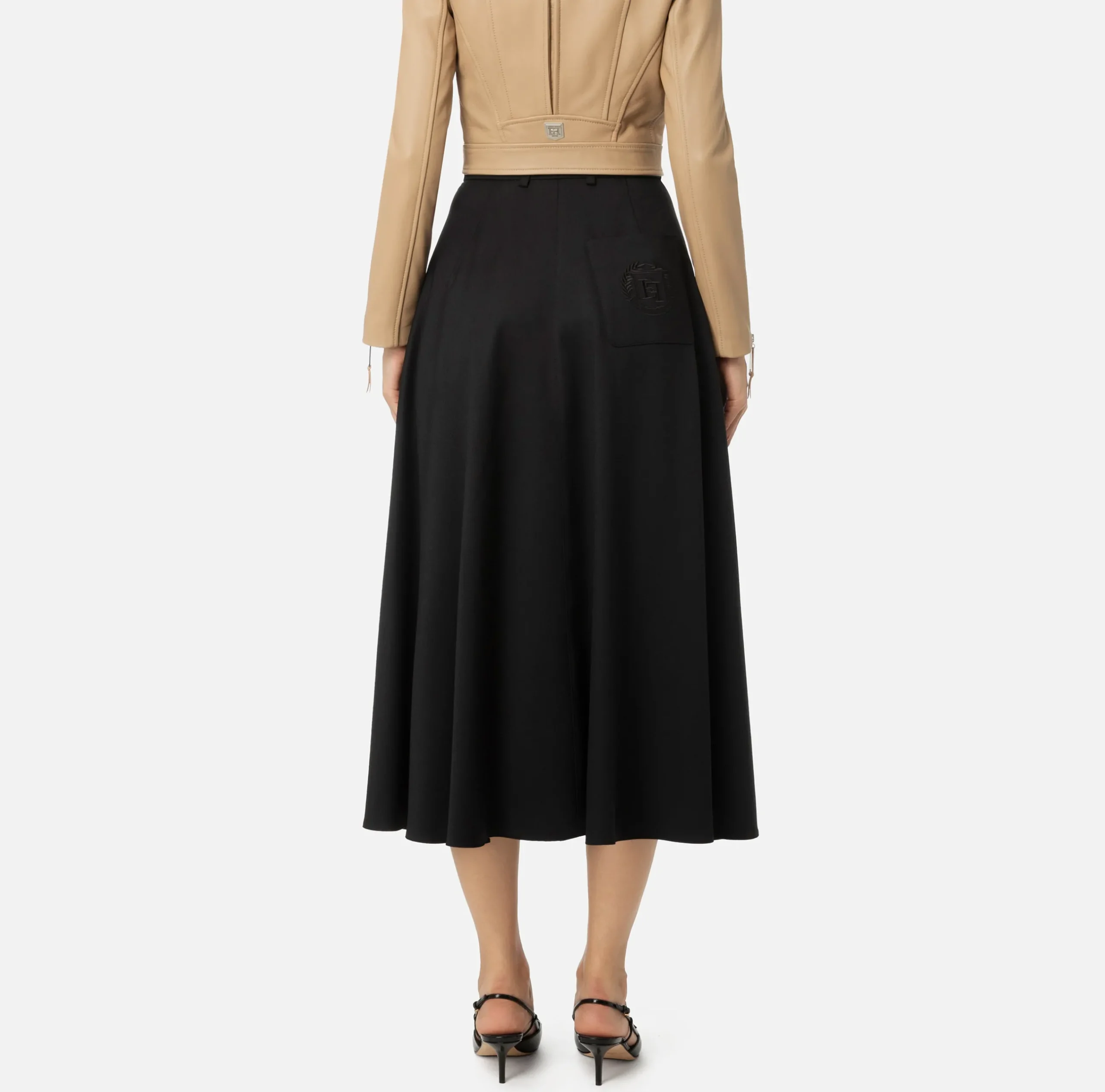 Gonne|Elisabetta Franchi Gonna midi in fresco lana con ricamo stemma Nero