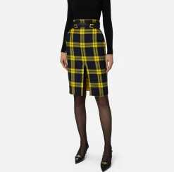 Gonne|Elisabetta Franchi Gonna midi in lana tartan con cintura Navy/Mimosa