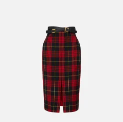 Gonne|Elisabetta Franchi Gonna midi in lana tartan con cintura Nero/RedPassion