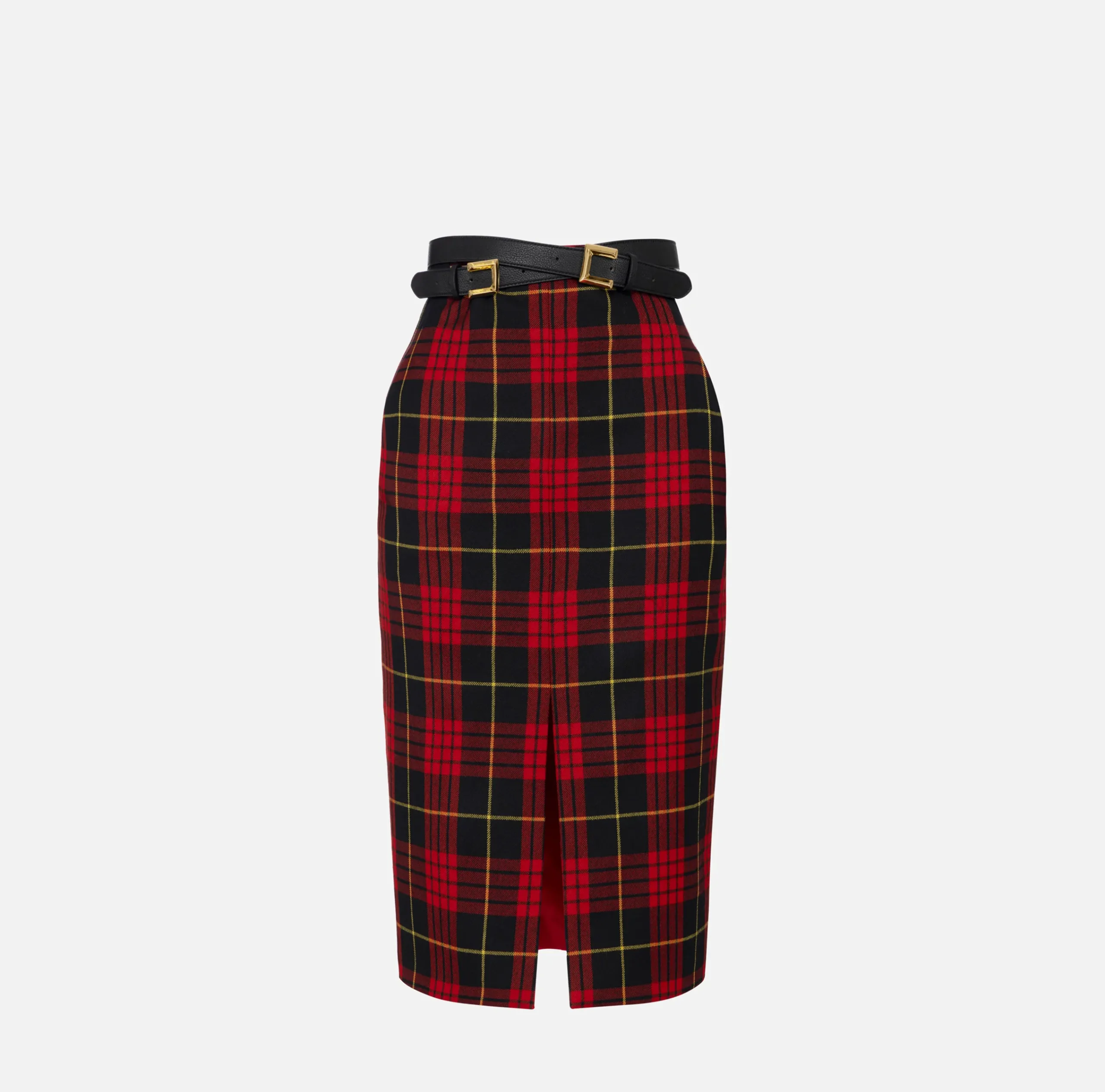 Gonne|Elisabetta Franchi Gonna midi in lana tartan con cintura Nero/RedPassion