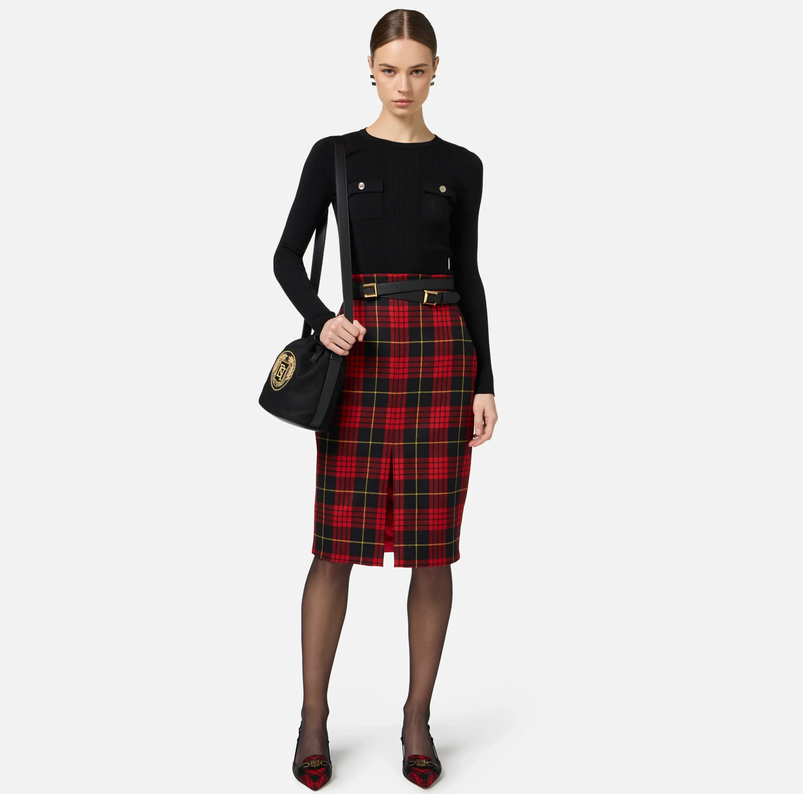 Gonne|Elisabetta Franchi Gonna midi in lana tartan con cintura Nero/RedPassion
