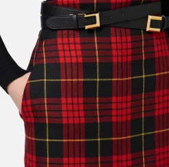 Gonne|Elisabetta Franchi Gonna midi in lana tartan con cintura Nero/RedPassion