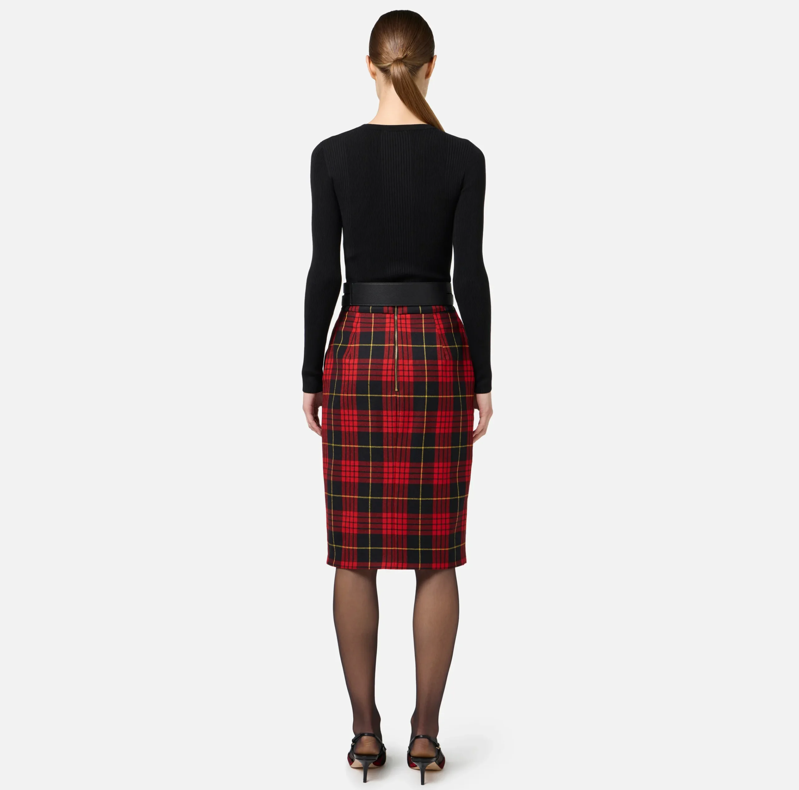 Gonne|Elisabetta Franchi Gonna midi in lana tartan con cintura Nero/RedPassion