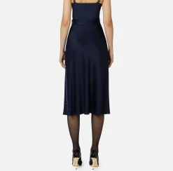 Gonne|Elisabetta Franchi Gonna midi in satin con bande in raso Navy