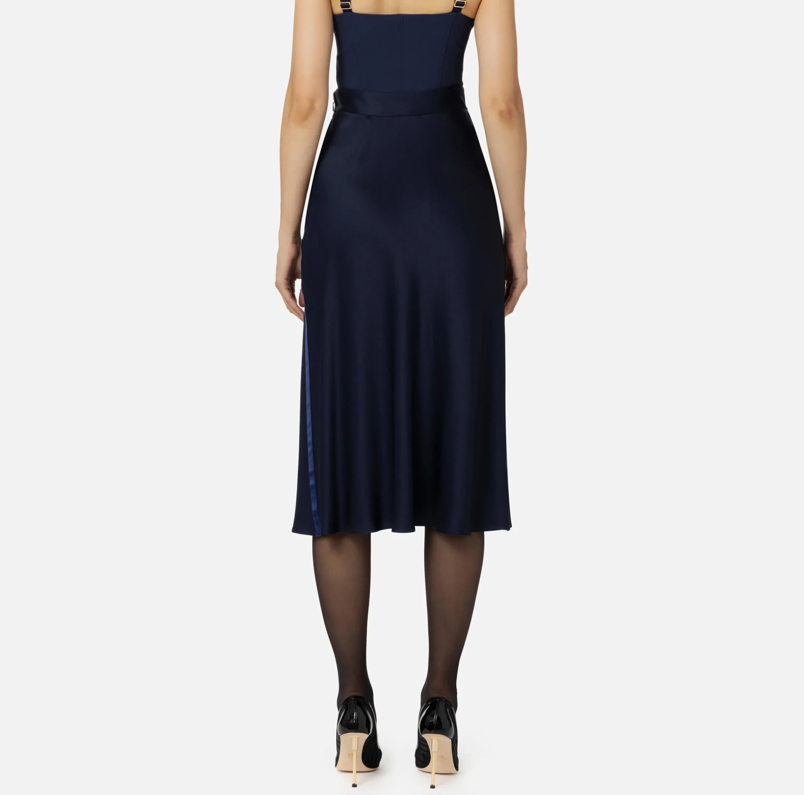 Gonne|Elisabetta Franchi Gonna midi in satin con bande in raso Navy