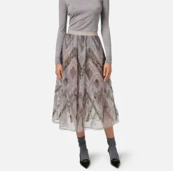 Gonne|Elisabetta Franchi Gonna midi in tulle con ricamo paillettes chevron Steel