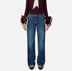 Jeans|Elisabetta Franchi Jeans a gamba larga in cotone organico con bande in raso Bluedenim