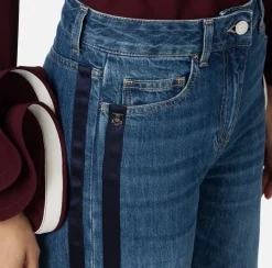 Jeans|Elisabetta Franchi Jeans a gamba larga in cotone organico con bande in raso Bluedenim
