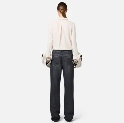 Jeans|Elisabetta Franchi Jeans a gamba larga in cotone organico con bande in raso Blackdenim