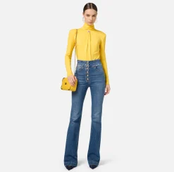 Jeans|Elisabetta Franchi Jeans a zampa in cotone stretch con bottoniera centrale Bluedenim