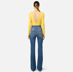 Jeans|Elisabetta Franchi Jeans a zampa in cotone stretch con bottoniera centrale Bluedenim