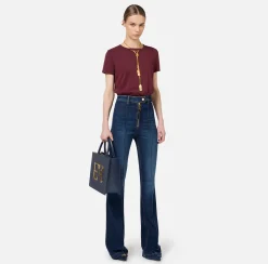 Jeans|Elisabetta Franchi Jeans a zampa in cotone stretch con nervature Bluedenim