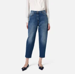 Jeans|Elisabetta Franchi Jeans boyfriend in cotone stretch con risvolto Bluedenim