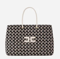 Borse A Spalla|Elisabetta Franchi Madame Monogram Shopper Con Logo Nero/Burro