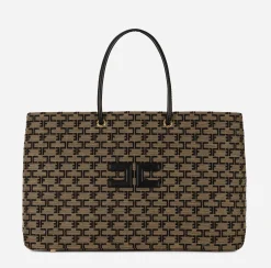 Borse A Spalla|Elisabetta Franchi Madame Monogram Shopper Con Logo Liquirizia/Nero