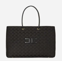 Borse A Spalla|Elisabetta Franchi Madame Monogram Shopper Con Logo Nero
