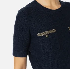 Maglieria E Felpe|Elisabetta Franchi Maglia cropped in lana bouclé con ricamo Navy