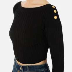 Maglieria E Felpe|Elisabetta Franchi Maglia cropped in viscosa a coste con bottoniera Nero