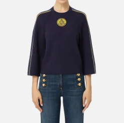 Maglieria E Felpe|Elisabetta Franchi Maglia cropped in viscosa con patch logo Navy/Mimosa