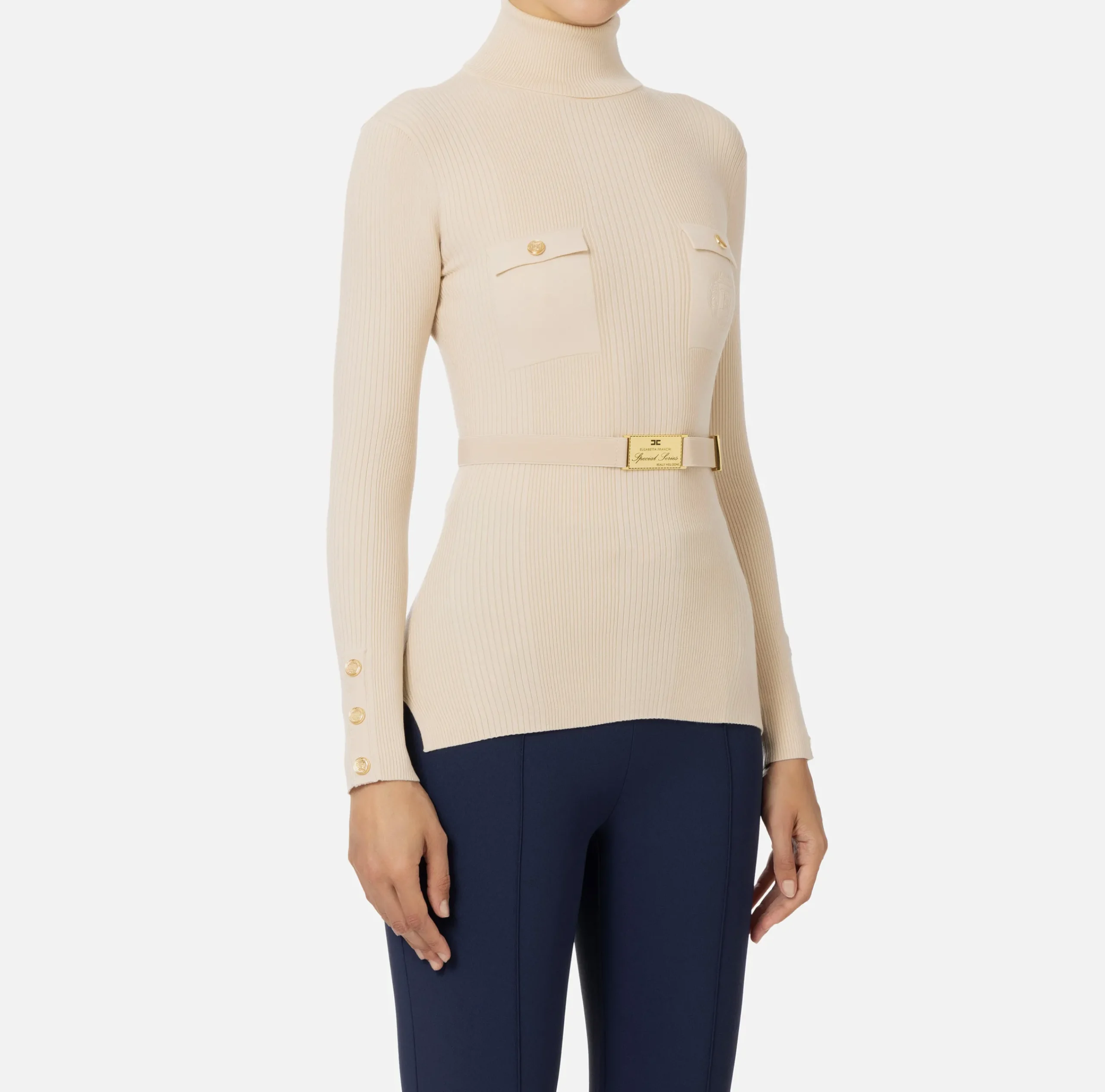 Maglieria E Felpe|Elisabetta Franchi Maglia dolcevita in lyocell e seta a costine con ricamo logo Lattice