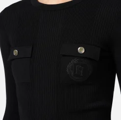 Maglieria E Felpe|Elisabetta Franchi Maglia girocollo in lyocell e seta a costine con ricamo logo Nero