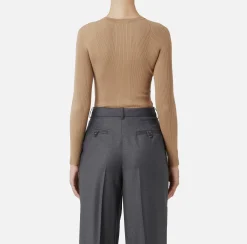 Maglieria E Felpe|Elisabetta Franchi Maglia girocollo in lyocell e seta a costine con ricamo logo Camel