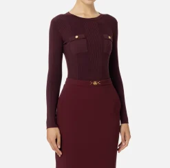 Maglieria E Felpe|Elisabetta Franchi Maglia girocollo in lyocell e seta a costine con ricamo logo RougeNoir