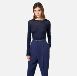 Maglieria E Felpe|Elisabetta Franchi Maglia in lana merino con logo jacquard in contrasto Navy