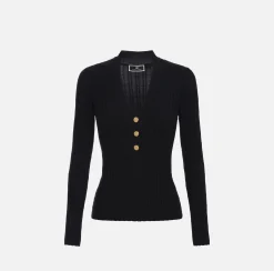 Maglieria E Felpe|Elisabetta Franchi Maglia in viscosa a coste con bottoniera Nero