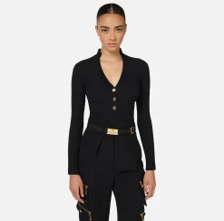 Maglieria E Felpe|Elisabetta Franchi Maglia in viscosa a coste con bottoniera Nero