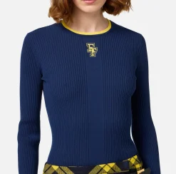 Maglieria E Felpe|Elisabetta Franchi Maglia in viscosa con logo college Navy/Mimosa