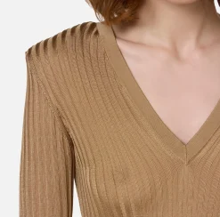 Maglieria E Felpe|Elisabetta Franchi Maglia in viscosa lucida a costine Camel