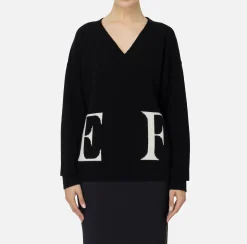 Maglieria E Felpe|Elisabetta Franchi Maglia incrociata in lana con logo Nero/Burro