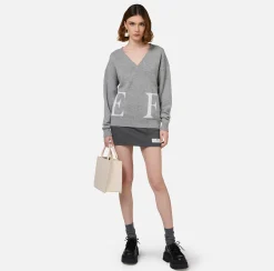 Maglieria E Felpe|Elisabetta Franchi Maglia incrociata in lana con logo GrigioMelange/Avorio