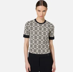 Maglieria E Felpe|Elisabetta Franchi Maglia logo in viscosa jacquard Burro/Nero