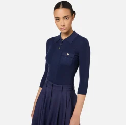 Maglieria E Felpe|Elisabetta Franchi Maglia polo in lyocell e seta a costine con ricamo logo Navy