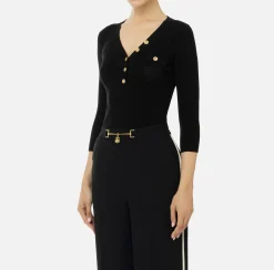 Maglieria E Felpe|Elisabetta Franchi Maglia scollo a V in lyocell e seta a costine con ricamo logo Nero