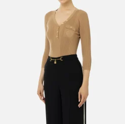 Maglieria E Felpe|Elisabetta Franchi Maglia scollo a V in lyocell e seta a costine con ricamo logo Camel