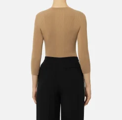 Maglieria E Felpe|Elisabetta Franchi Maglia scollo a V in lyocell e seta a costine con ricamo logo Camel